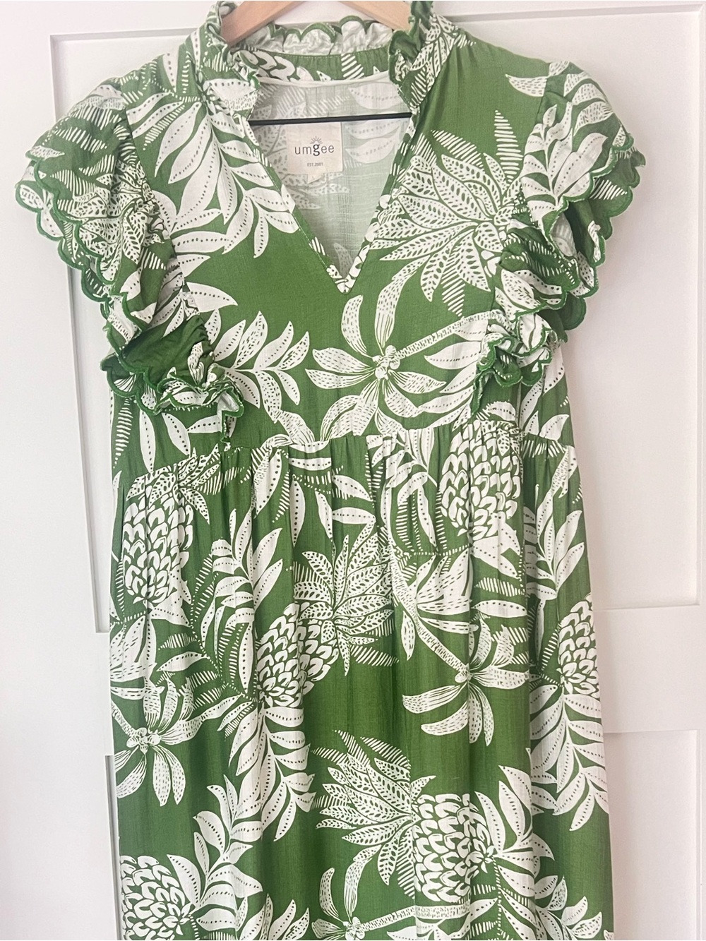 UMGEE | Green Tropical Leaf Print Flutter Sleeve Midi Dress L